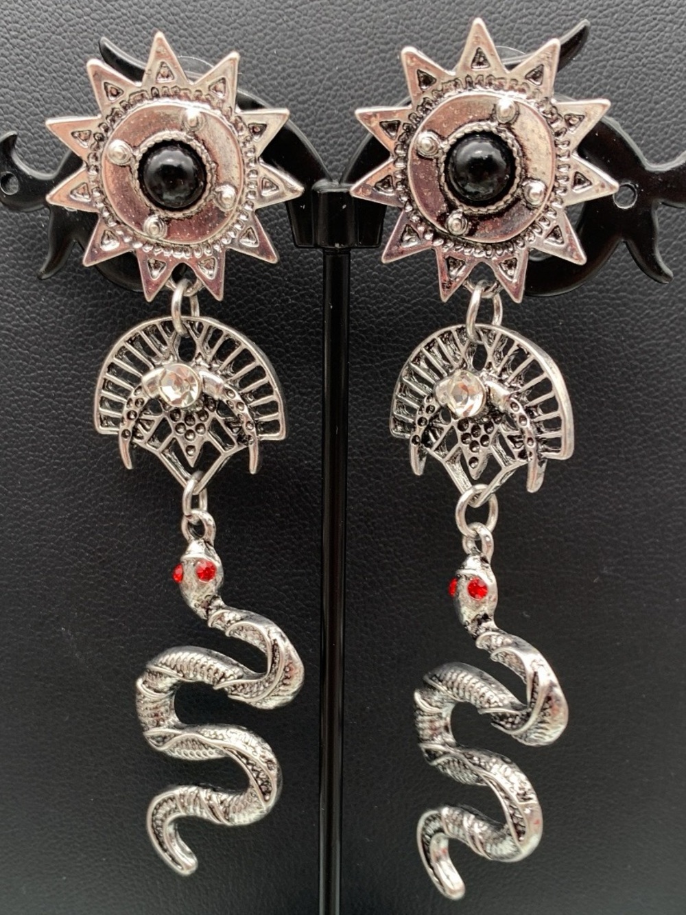 Silver tone Snake Drop Earrings with Red Eyes gothic Whimsygoth punk